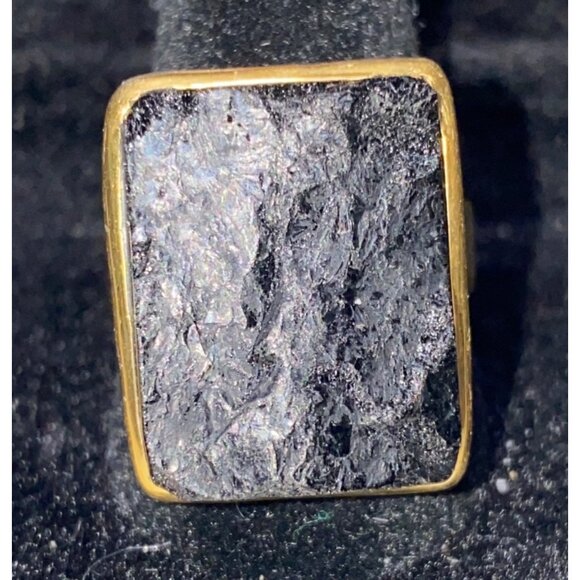 Ring Raw Possibly Obsidian Size 9 Rectangle Gold Over Sterling Silver 925 ISJ - Picture 2 of 14